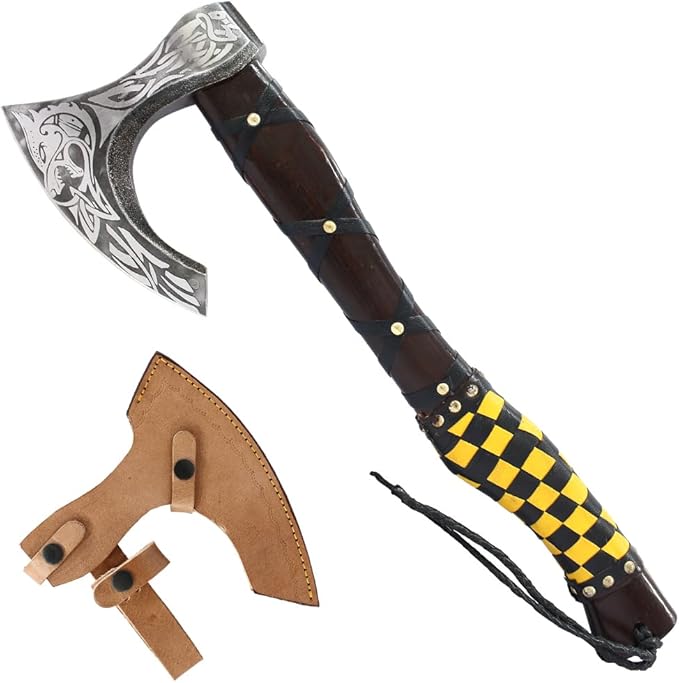 TheBoneEdge 19.5 Yellow &amp Black Leather Wrapped Handle Steel Blade Hunting Axe with Sheath