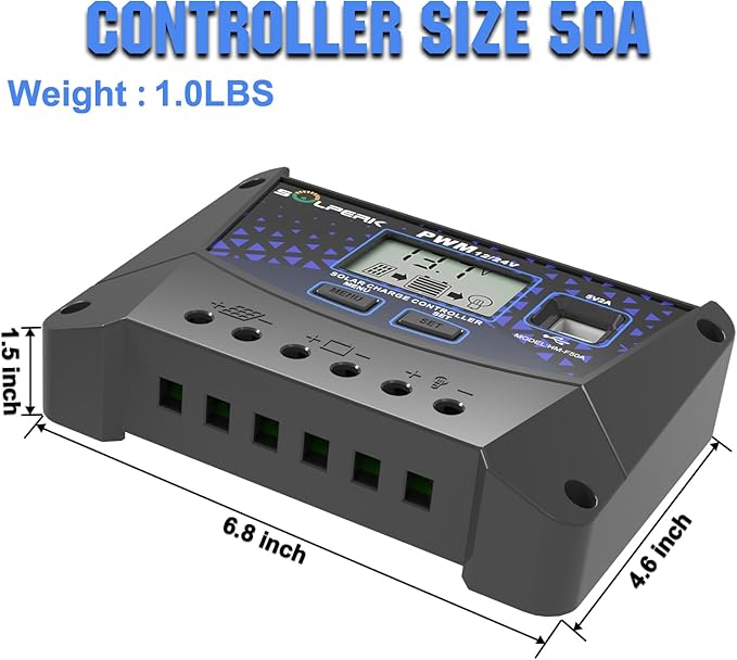 SOLPERK 50A Solar Charger Controller 12V 24V Auto Solar Panel Battery Intelligent Regulator with Dual USB Port PWM Controller for Gel AGM Lead-Acid Lithium LiFePO4 Battery (50A)