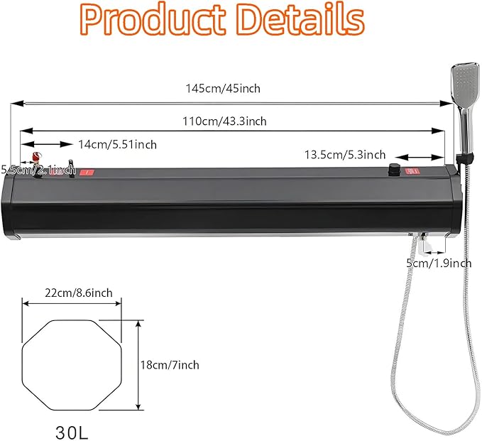 Road Camping Shower Pressurized Water Tank 4.76-8Gal Solar Roof Rack ShowerPortable Camping Showerhead Handheld with Storage Bag Device