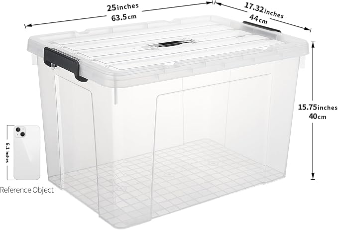 Cetomo Lidded Storage Bin with Handle Tote Organizing Container with Wheels Lid and Secure Latching Buckles Stackable and Nestable Plastic 95 Quart-6 Pack Clear