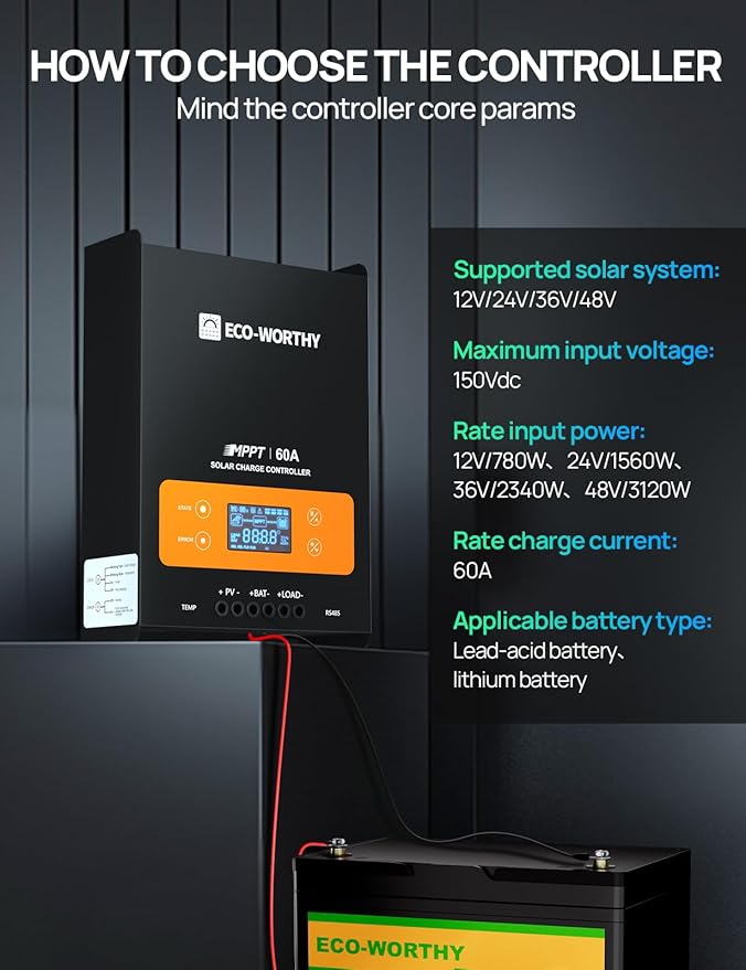 ECO-WORTHY 60A MPPT Solar Charge Controller with Bluetooth&ampWiFi Max PV Input 150V12/24/36/48V Solar Panel Regulator for Lead-Acid/Lifepo4 Battery in Solar System RV