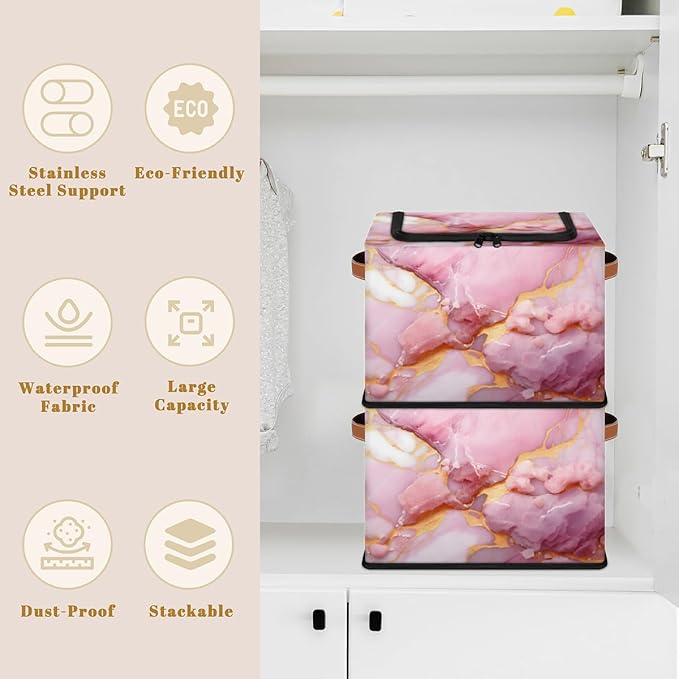Pink Marble Storage Bins with Zipper Lid Gold Marble Fabric Lidded Storage Baskets Cubes with Handles Decorative Foldable Shelf Closet Organizer Container