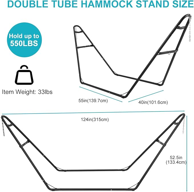 Heavy-Duty Hammock Stand for 2 People Steel 130 * 40 * 51in Portable Design for 9.5 to 14 ft Hammocks Ideal for Outdoor Balconies Porches Patios Decks and Backyards.