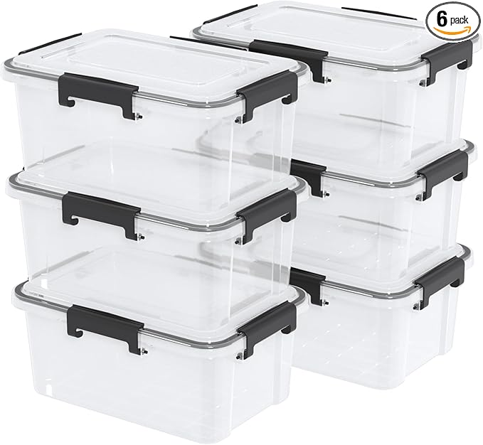 12 Quart Clear Plastic Storage Box with Gasket Seal Lid Set of 6 Stackable Plastic Storage Bins with Secure Latching Buckles
