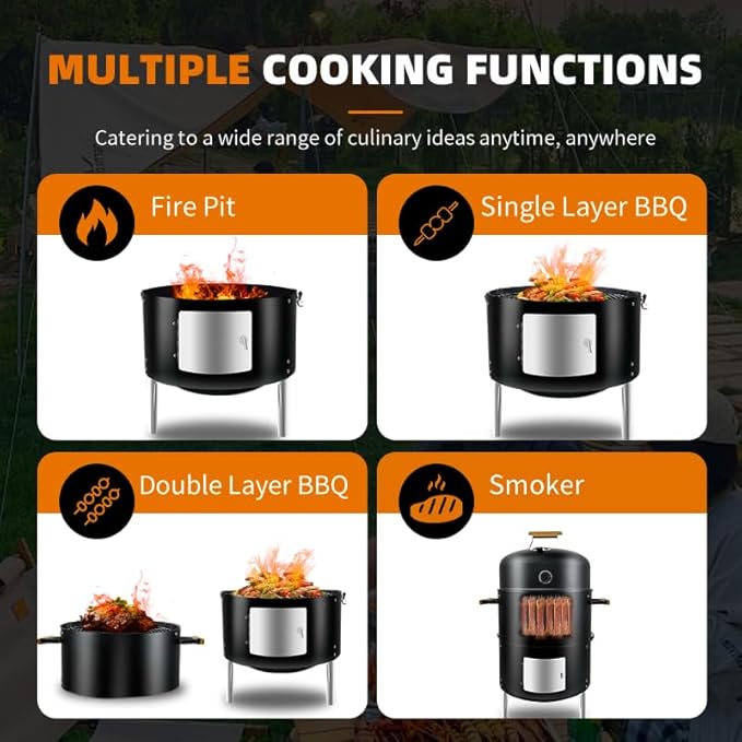 16 BBQ Smoker Grill Built in Thermometer Air Vent and Two more biger Access Doors Multi-Layer Meat Smoker Grill with 3 Heat-resistant Handles Ideal for Outdoor Cooking Camping BBQ