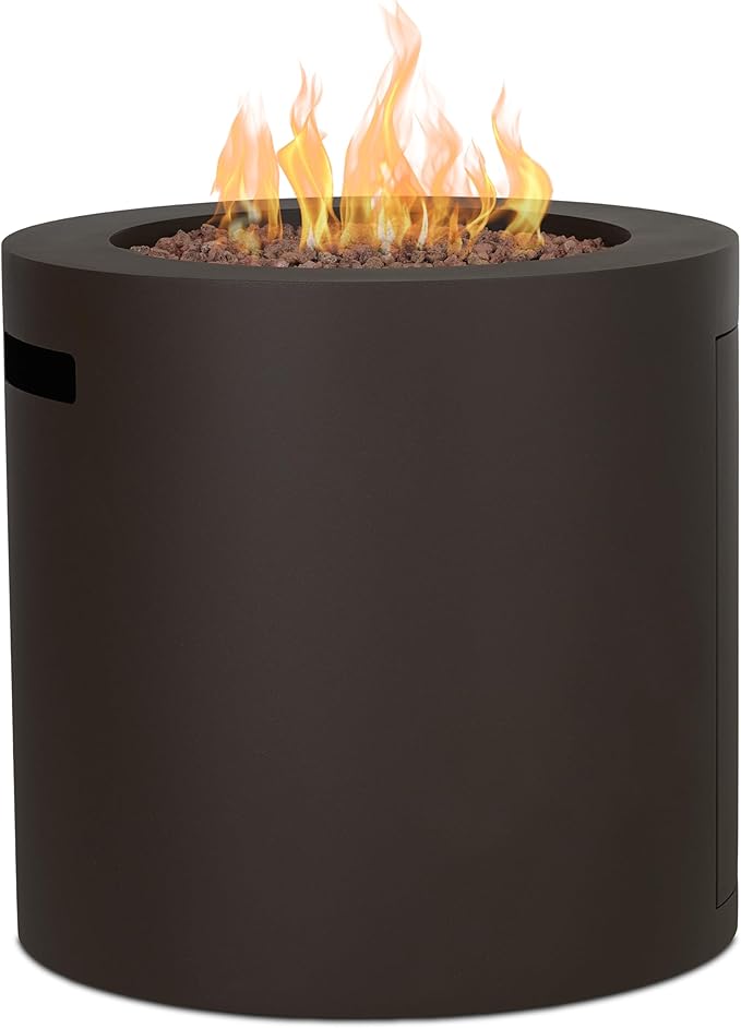 Real Flame Aegean 24 Round Propane Gas Fire Pit Table with Hidden Tank 50000 BTU Powder-Coated Steel Push-Button Ignition Lava Rock Storage Cover Stainless Steel Burner with Lid - Dark Bronze