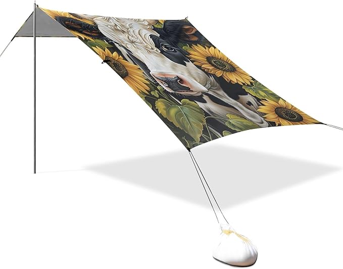 ALAZA Cow and Sunflower Beach Tent Sun Shelter UPF50+ Protection Beach Shade Canopy w/ 4 Sandbags for Outdoor Camping Fishing Backyard Fun Picnic 10x9 ft