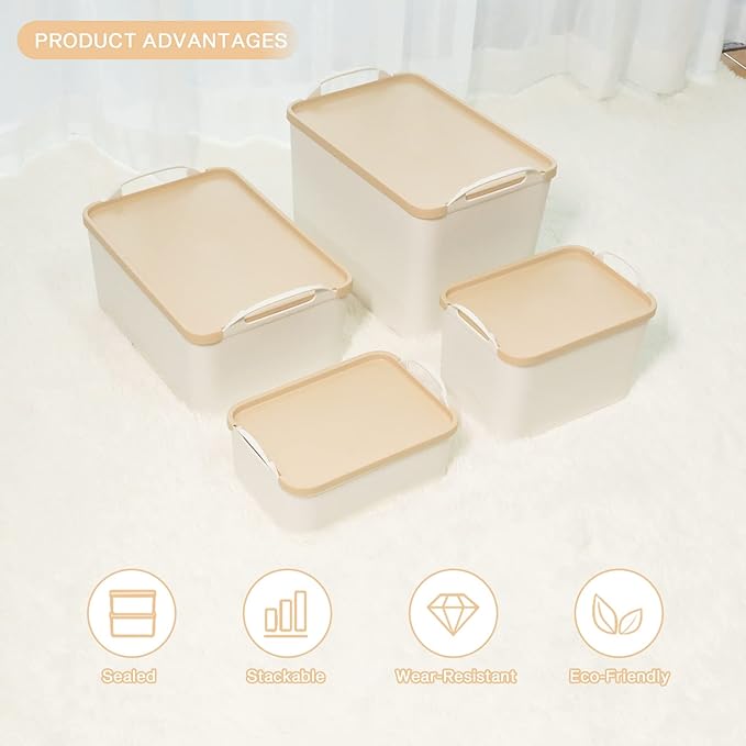 ANMINY 5PCS Plastic Storage Bins Containers with Lids Large Storage Organization Bins Boxes Lidded Plastic Storage Baskets for Closet Shelves Desktop Wheat Lids 2M + 3S