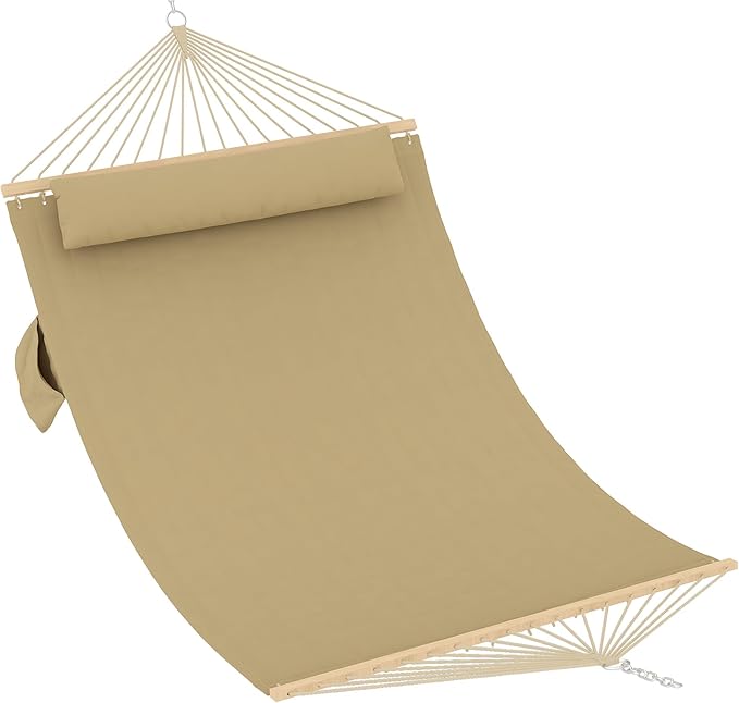Hammocks 12 FT Double Quilted Fabric Hammock with Spreader Bar and Detachable Pillow 2 Person Hammock for Outdoor Patio Backyard Poolside 450lbs Weight Capacity