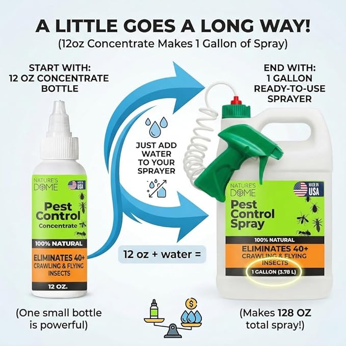 Nature’s Dome Pest Control Concentrate Spray 12 Oz | Natural Eco-Friendly Bug &amp Ant Spray that Makes 1 Gallon | Eco-Friendly Bug Spray for Flea Ticks Ant &amp Mosquitos | Safe for Pets &amp K