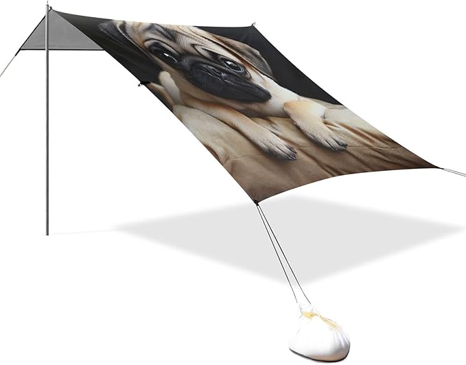 ALAZA Cute Funny Puppy Pug Dog on Black Beach Tent Sun Shelter Portable Canopy Sunshade for Outdoor Camping Picnics Backyard Fun 10x9 ft