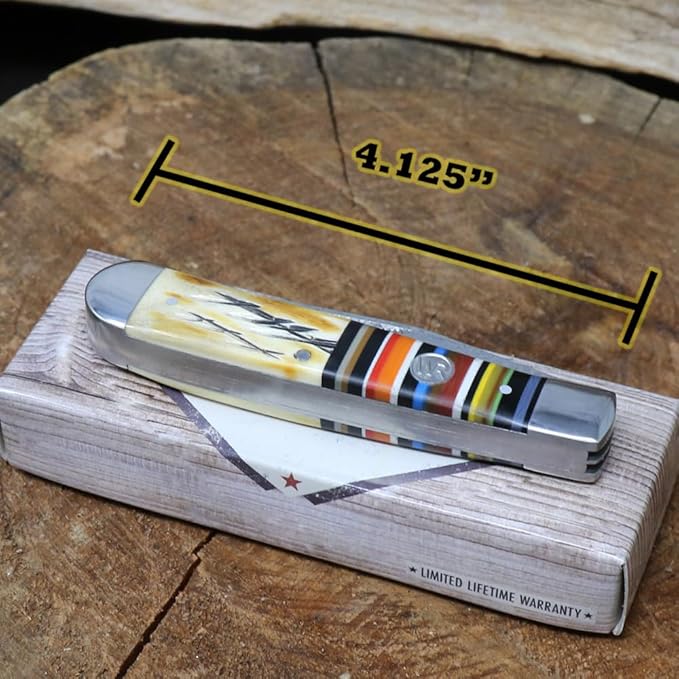 WHISKEY BENT HAT CO. Traditional Trapper Folding Pocket Knife 4.125 Closed Length 440C Stainless Steel Blades (Bandito - Damascus Blades)