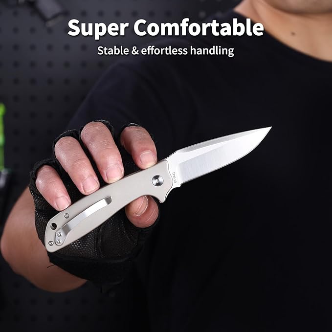 3.34 D2 Steel Folding Knife with Titanium Handle - EDC Pocket Knife with Clip for Men &amp Women Compact Daily Carry Utility Tool PK-T001