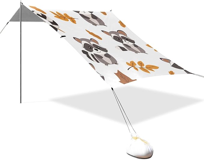 ALAZA Cute Cartoon Raccoons Leaves Beach Tent Sun Shelter Portable Canopy Sunshade for Outdoor Camping Picnics Backyard Fun 10x9 ft