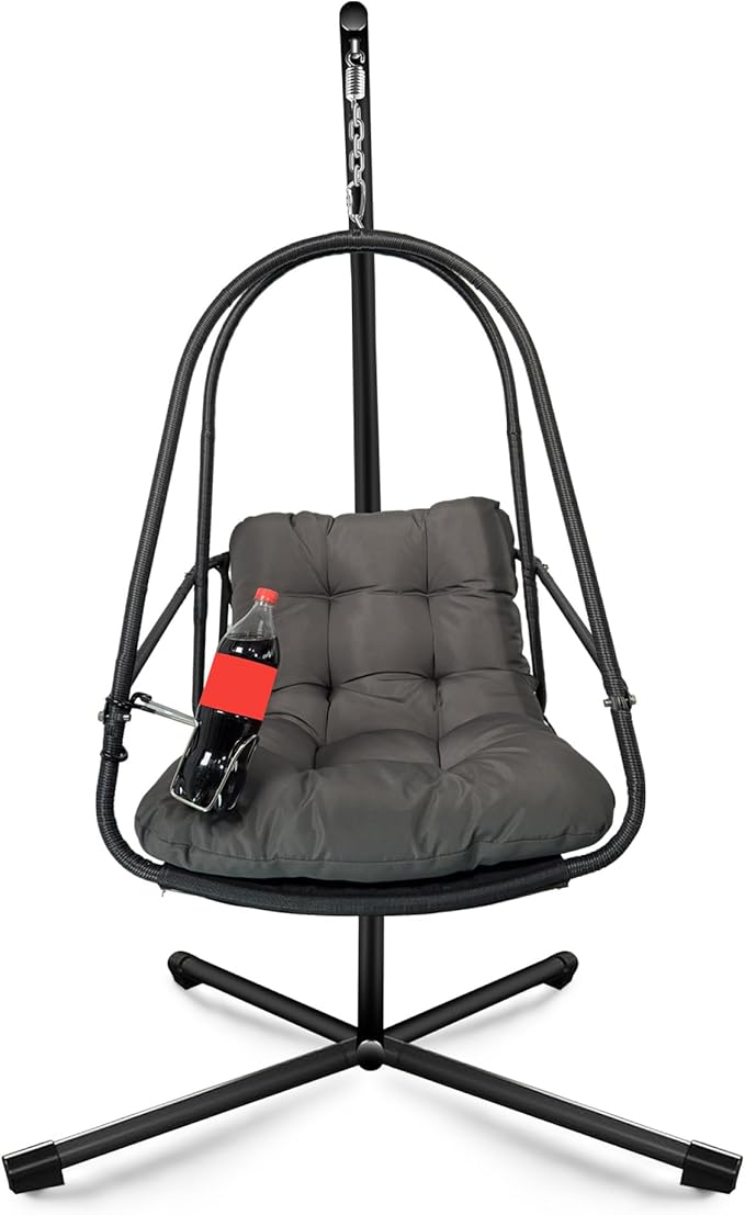 Rattan Egg Hanging Chair with Stand for Indoor and Outdoor Relaxation Featuring Removable Safety Rail Convenient Cup Holder and Comfortable Cushion Set for Lounging in Garden Patio Living Space