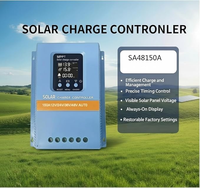 Solar Charge Controller 150A 12V 24V 36V 48V Intelligent Recognition LCD Display Battery Intelligent Regulator Maximum 100V Input Dual USB for Lead Acid/Lithium Battery (SA150A)