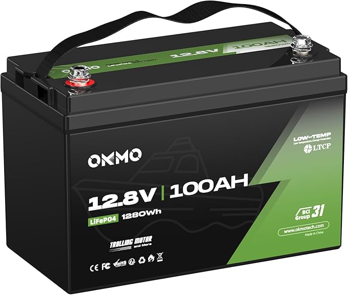 OKMO 12V 100Ah TM LiFePO4 Battery Lithium Battery 150A BMS 10 Years Lifetime 15000+ Deep Cyclesfor Marine RV Trolling Motor Boat Camper Solar Home Iron Phosphate Low Temperature Protection