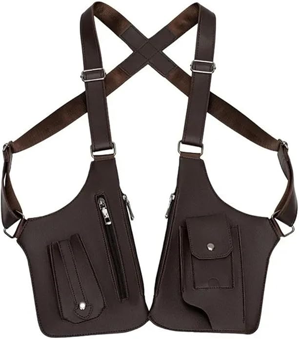 Double Shoulder Armpit Bag for Men 2 PCS Tactical Vest Bag PU Leather Man Chest Phone Pouch Vintage