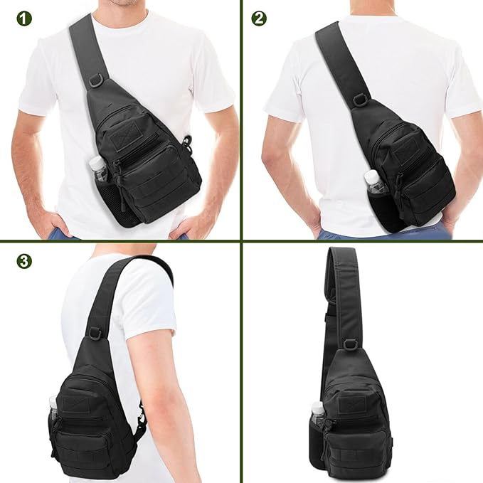Tactical Sling Bag Outdoor MOLLE Everyday Carry Pack Chest Shoulder Backpack Side Mesh Pocket &amp Hook Loop Panel(Black)