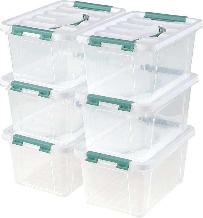 Rosebloom 6 Quart Plastic Latching Bins with Lid Small Clear Storage Organizer Boxes with Handle 6 Packs