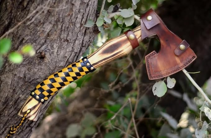 Custom Hand Forged Carbon Steel 17 Inch Long Medieval Axe Forged Axe Leather Wrapping On Handle Hatchet with Leather Sheath Best for Hunting Camping Wood Cutting Gift for Him