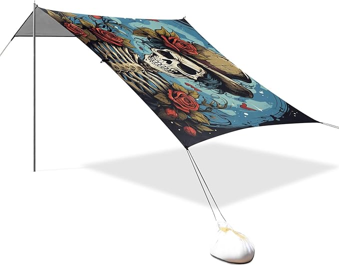 ALAZA Skull Rose Flowers Beach Tent Sun Shelter UPF50+ Protection Beach Shade Canopy w/ 4 Sandbags for Outdoor Camping Fishing Backyard Fun Picnic 10x9 ft