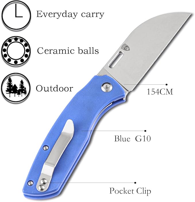 Kansept Convict Pocket Folding Knife - 3.3 Stonewashed 154CM Material with Blue G10 Handle - EDC &amp Camping Folding Knife - T1023A3