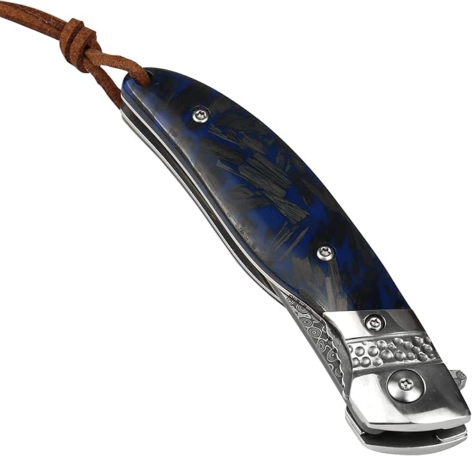 ALBATROSS Premium Damascus Folding Pocket Knife - EDC with Blue Fluorescent Carbon Handle Ball Bearing Assisted Opening Liner Lock for Camping Hunting - HGDK028-BE