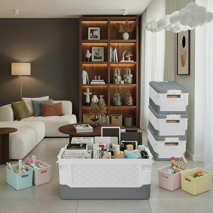 TOPCJ Foldable Storage Bins with LidsCloset OrganizerStackable Plastic Storage Containers with Secure Latching BucklesPerfect Organization for Homehome Office(Grey)