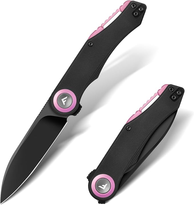 FLISSA Button Lock Folding Knife 3.1 D2 Steel Blade EDC Pocket Knife with G10 Handle Flipper Belt Clip Bearings for Outdoor Camping Hiking Fishing Hunting Gift for Men &amp Women (Purple)