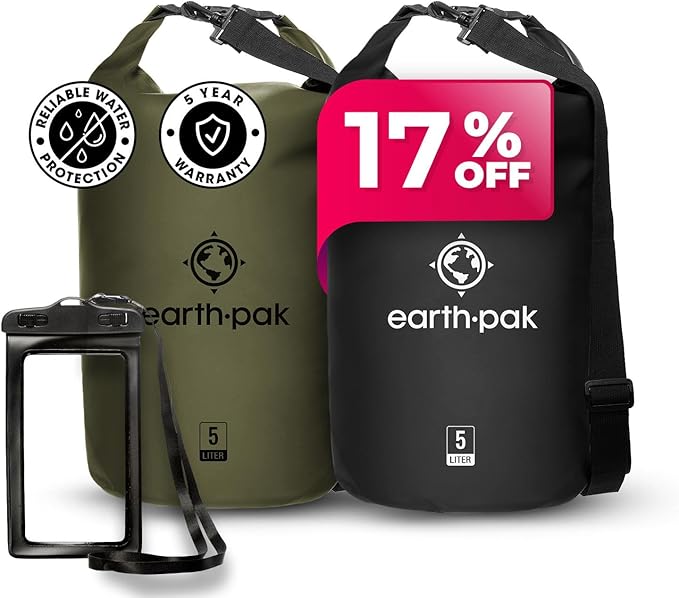 Earth Pak Waterproof Dry Bag - Roll Top Waterproof Backpack Forest Green 5L &amp Black 5L