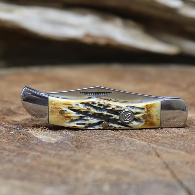 WHISKEY BENT HAT CO. Mini Hunter Folding Pocket Knife 2.75 Closed Length 440C Stainless Steel Blade (Stag Bone)