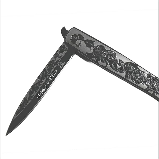 Custom Black or Blue Rose Folding Pocket Knife – Personalized Engraved Tactical Pocket Knife Gift for Him Husband Dad Boyfriend Groomsmen