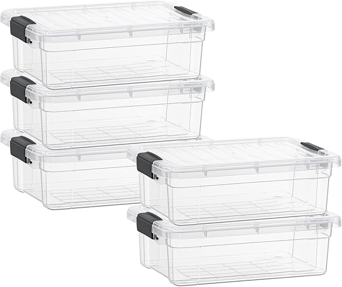 Superio Storage Bins with Lids- 5 Pack 7.4 Qt Clear Boxes for Organizing Stackable Plastic Containers- BPA Free Non-Toxic Odor Free Organizer for Home Office Dorm