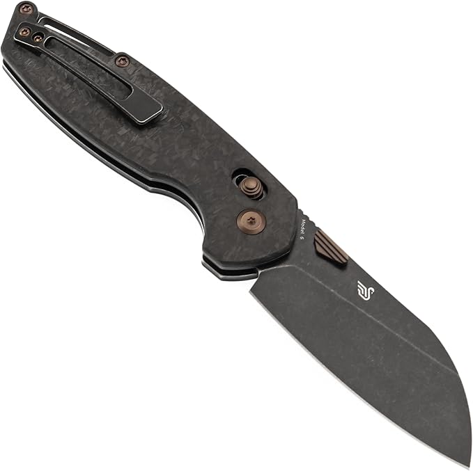 KANSEPT Model 6 Folding Knife 3.1'' Blackwash CPM S35VN Sharp Blade Shred Carbon Fiber Handle with Crossbar Lock Thumb Stud Pocket Clip for EDC Camping Hiking K1022V1