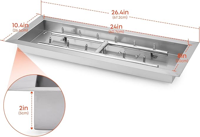 Stanbroil 24 x 8 Upgrade Rectangle Fire Pit Jet Burner Pan 304 Stainless Steel Natural &amp Propane Gas Firepit for Outside High Flame 90k BTU Max
