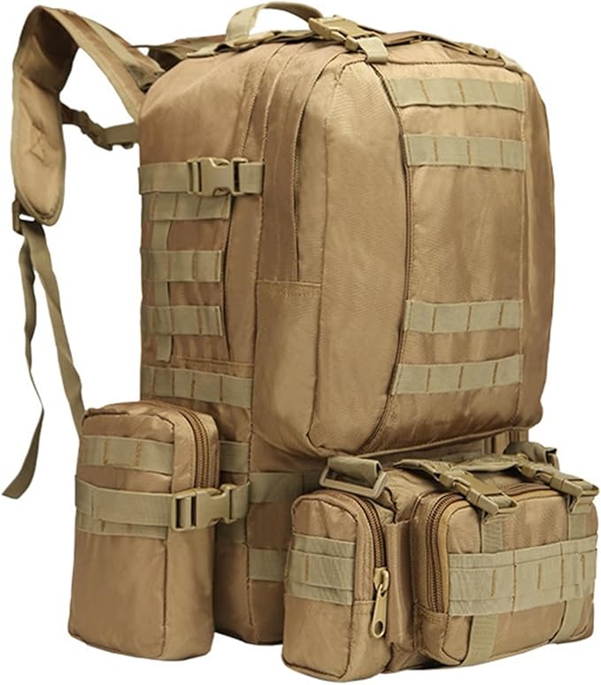 55L Tactical Backpack with Waterproof Ventilated Built Up 3 MOLLE Bags Anti Pressure Rucksacks for Travelling(Khaki)