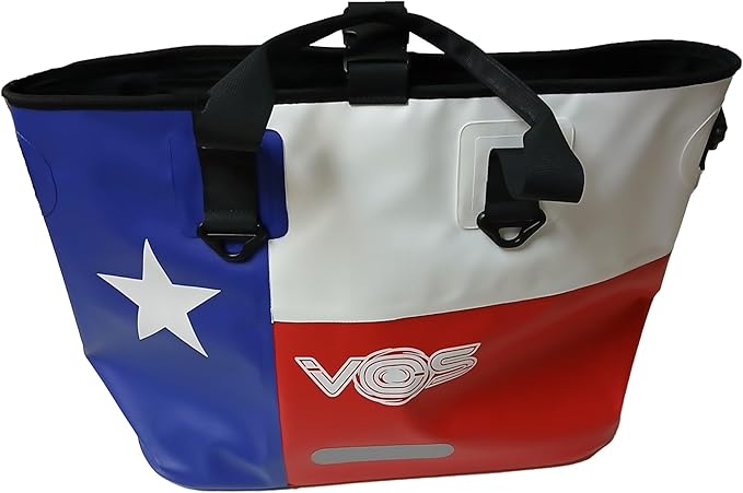 VOS Waterproof Premium Texas Dry Bag – All-purpose Tote Bag with Zip Pocket (Red Blue White) - Keep Your Gear &amp Personal Items Dry During Hiking Camping and Water Sports