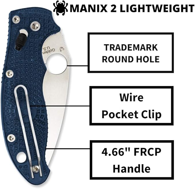 Spyderco Manix 2 Lightweight Folding Pocket Knife with 3.3 CPM S110V Steel Blade and FRCP Handle - EDC Knife for Men and Women Perfect for Hunting Tactical Camping - PlainEdge - C101PDBL2