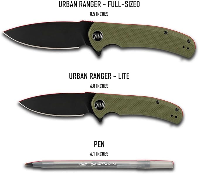 704 Gear Urban Ranger EDC Folding Pocket Knife | Full Size 3.74 Blade D2 Steel G10 Handle Reversible Pocket Clip | Olive Drab Green