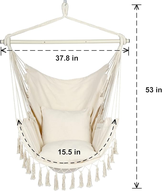 Y- STOP Hammock Chair Hanging Rope Swing Max 500 Lbs 2 Cushions Included Large Macrame Hanging Chair with Pocket for Superior Comfort with Hardware Kit (Beige)