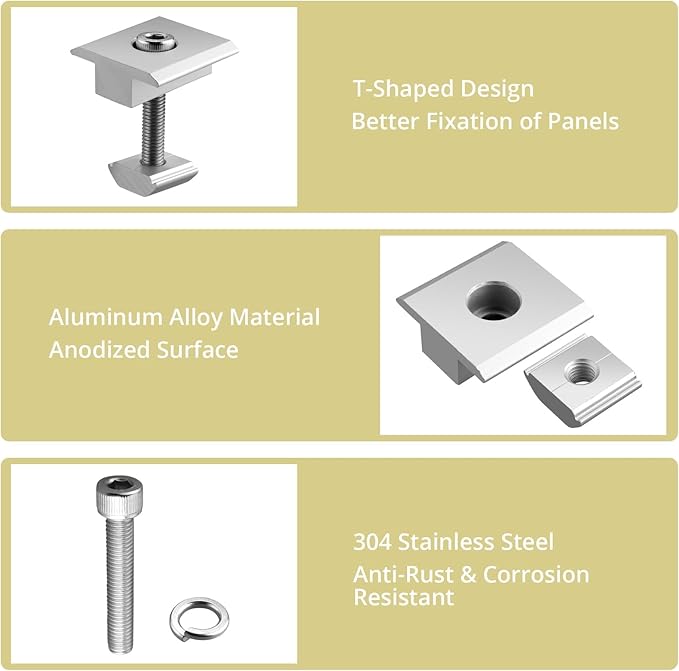 Anbte 10pcs Solar Panels Centre Clamps Aluminium T-Shaped Mid Clamps 35mm Solar Panel Mounting Brackets Solar Mounting Rail Connector for Tin Roof Flat Roof Sheet Roof Slvier