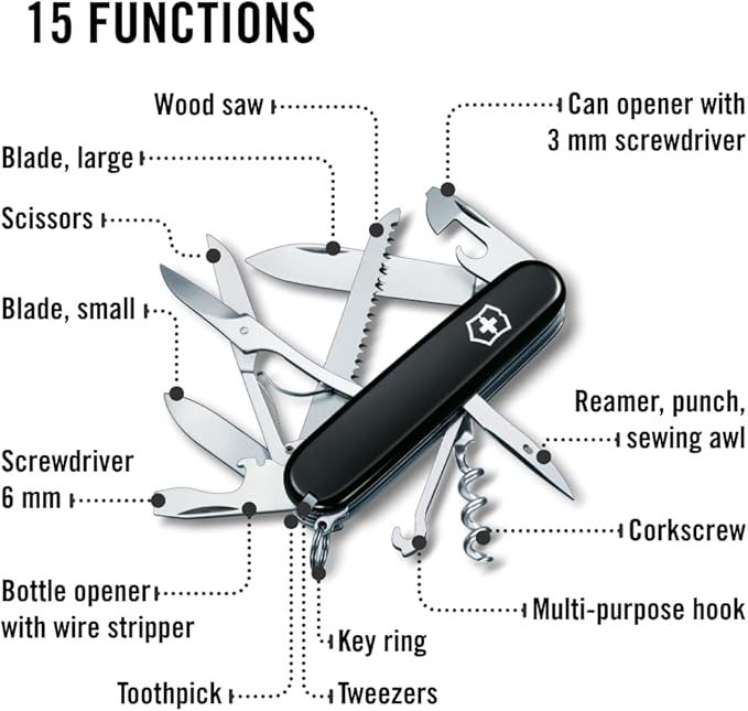 Victorinox Huntsman Swiss Army Knife 15 Functions Swiss Made Pocket Knife with Large Blade Screwdriver Scissors and Wood Saw - Black