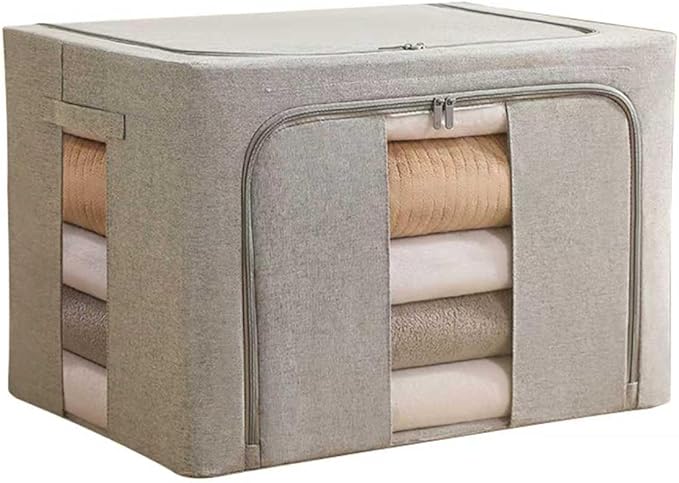 High Pure Cotton Foldable Storage Bin with Lid Inner Waterproof Film Thick Solid Steel Frame 2 Zipper &ampWindows.Container Organizer for ClothesQuilts Blankets Closet Cube (66 L)