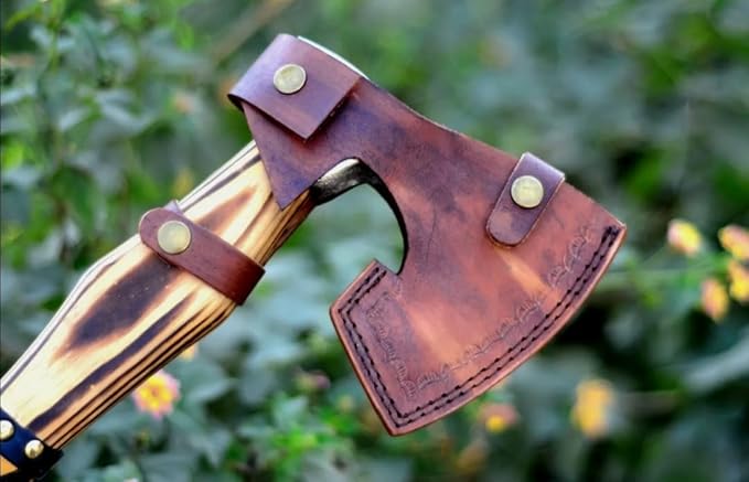Custom Hand Forged Carbon Steel 17 Inch Long Medieval Axe Forged Axe Leather Wrapping On Handle Hatchet with Leather Sheath Best for Hunting Camping Wood Cutting Gift for Him