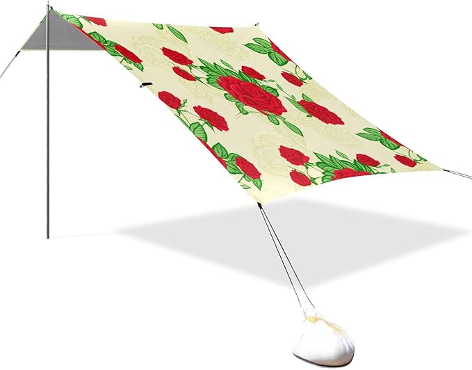 Beach Canopy with Windproof Ropes &amp Sandbags Beach Tent Sun Shade Sun Shelter for Camping Trips Fishing Backyard Fun or Picnics Rose