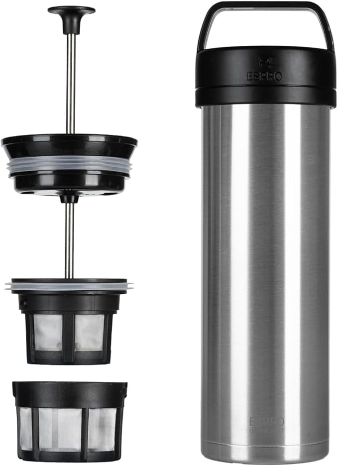 ESPRO Go P0 Ultralight French Press Coffee Maker for Travel Vacuum Insulated Stainless Steel 16 Ounces Brushed Stainless Steel