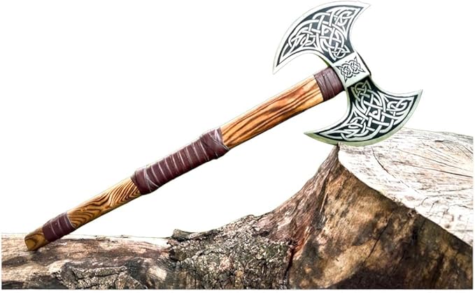 DARK WARRIOR Handmade Double Head Berserker Axe Large Norse Viking Axe Hand Forged High Carbon Steel Axe with Leather Sheath Forest Hewing Broad Hunting Dane Axe with Wood Handle