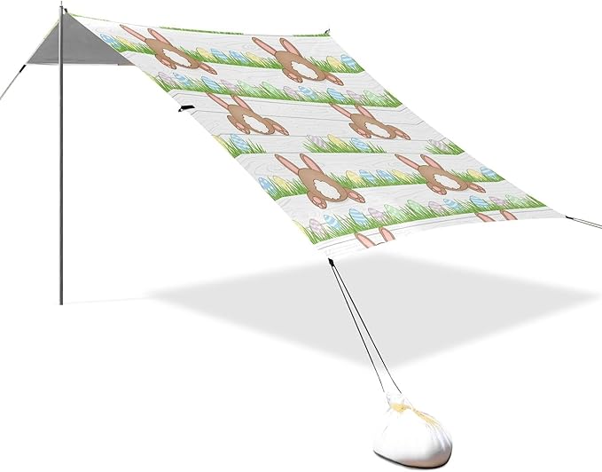 Easter Bunny Beach Canopy Sun Shelter with Sandbags &amp Sand Shovel &amp Windproof Ropes - Portable 110x126 Beach Shade Beach Tent for Camping Picnics