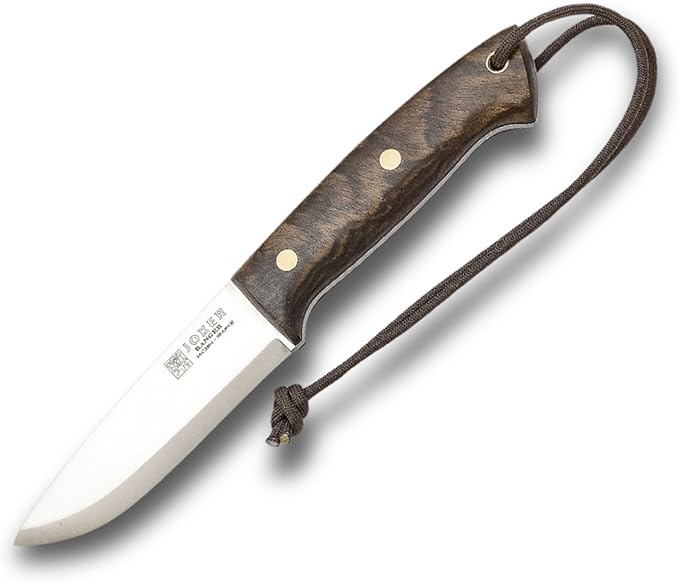 Joker Ranger CN143-P Hunting Knife – 4.3 Sandvik 14C28N Blade Walnut Wood Handle Brown Leather Sheath with Firestarter – Ideal for Camping Hiking Fishing and Outdoor Survival